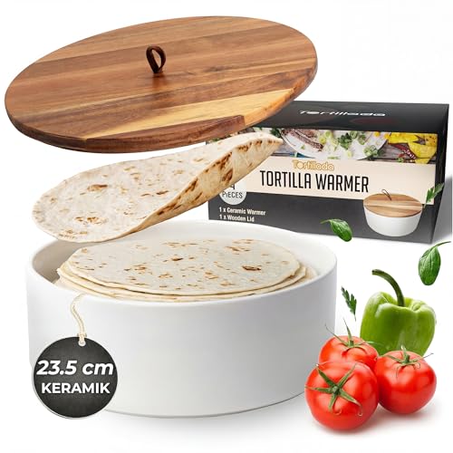 Tortillada - 23,5 cm Tortilla Wärmer mit Holzdeckel, Keramik Tortilla Warmer, Wrap Wärmer - Für Mikrowelle geeignet