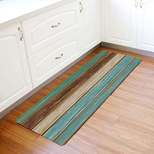 Teal Turquoise Antifatigue Kitchen Bath Door Mat Cushioned Runner Rug, Washable Welcome Floor Sink Mat, Retro Farm Wood Grain Brown Waterproof & Non-Slip Comfort Standing Doormat For Kitchen, 18"X30" #TOP3