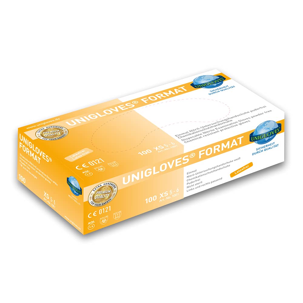 1000 Gants Nitrile Unigloves Format – Tailles : XS – unsteril – puderfrei – Blanc – Sans latex – Produits chimiques Protection en 374