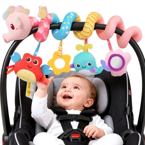Image of MPQMPQ Car Seat Toys for Baby Toys 0-6 Months, Hanging Crib Stroller Toys with Rattle, Mirror, Crinkle, Squeaky Spiral Baby Activity Carseat Sensory Toys for Newborn Infants Girls Birthday Gifts