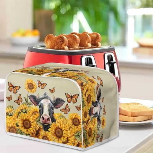 Image of Talayituse Cow Sunflower Butterfly Print 2 Slice Toaster Covers Dust Protection Bread Maker Covers Toaster Oven Cloth Cover Kitchen Accessories Washable Appliance Cover