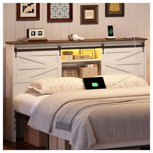 HOOBRO Queen Headboard with Storage Shelf, Farmhouse Queen Headboard Only with Charging Station & LED Lights, Bookcase Headboards for Bedroom, 2 Tiers Storage, White and Walnut