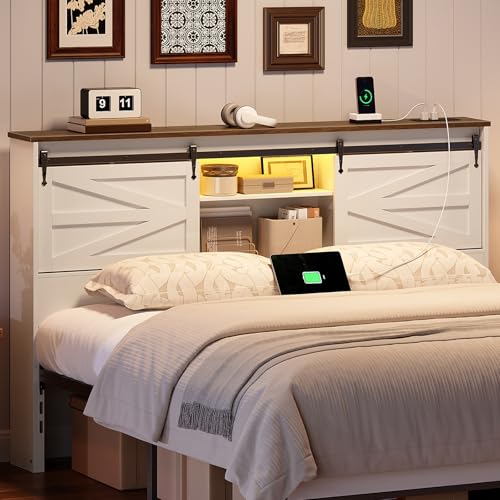 HOOBRO Queen Headboard with Storage Shelf, Farmhouse Queen Headboard Only with Charging Station...
