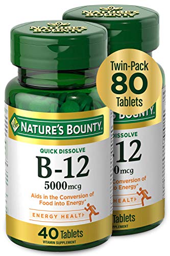 Vitamin B12 by Natures Bounty Quick Dissolve Vitamin Supplement Supports Energy Metabolism and Nervous System Health 5000mcg 40 Tablets (Pack of 2)