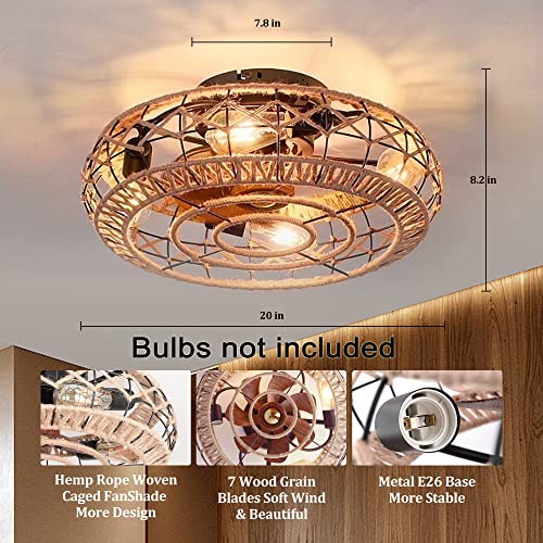 Kuwork Woven Flush Mount Caged Ceiling Fans with Lights Remote Control, 20" Hemp Rope Rattan Enclosed Ceiling Fan with Light 6 Speed Reversible, Rustic Boho Style Low Profile Ceiling Fan Light - Image 3