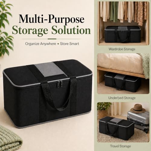 Image of DALUCI Underbed Storage Bags for Clothes Pack of 2 Large Moisture Proof Organizer with Zipper Non Woven Foldable Storage Bag for Blanket Saree Wardrobe 54 x 46 x 28 cm (Black & Grey - Large, 2 Pack)