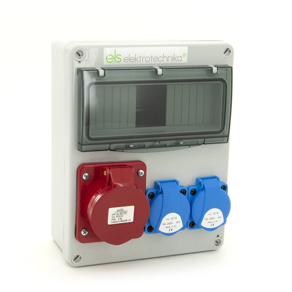 ELS Elektrotechnika Steckdosenverteiler Baustromverteiler Wandverteiler Leer Leergehäuse Schuko Steckdosen 2x230V und 1 x CEE16A, für Innen und Außen, zur Nachrüstung mit modularen Geräten, Verkabelt