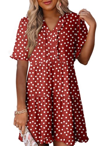 Image of Dokotoo Womens Summer Dresses 2026 V Neck A Line Short Sleeve Casual Ruffle Babydoll Mini Dress