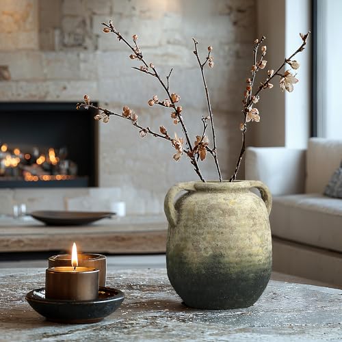 LuxenHome Rustic Ceramic Vase, 10" Tall Old-World Brown with Green