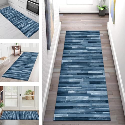 Alfombra antideslizante y lavable para pasillos y cocinas – Felpudo largo de poliéster de 110 x 500 cm, grano de madera azul, alfombra para interiores, dormitorio y sala de estar, ancho 40-120 cm