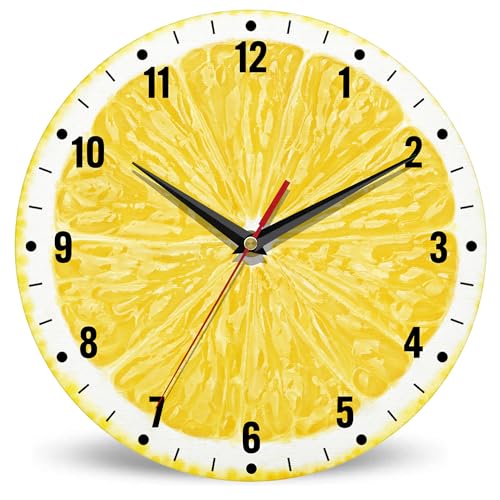 SPUNKER Wall Clocks,Lemon Yellow Fruits 10 Inch Wall Clock,Summer Small Battery Operated Wall Clocks Decorative for Kitchen/Living Room/Bedroom/Bathroom/Dining Room