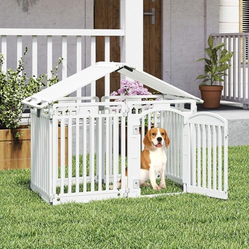 COSTWAY Welpenauslauf faltbar, Welpenlaufstall mit 8 Paneelen, abschließbarer Tür & Bodennägeln, 80 cm hoch, Hundelaufstall Outdoor Indoor, Laufstall Hund, Hundeauslauf aus Kunststoff, Weiß