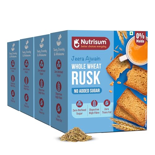 Image of Nutrisum Premium Whole Wheat Rusk Jeera & Ajwain Flavour, High Fiber, Refined Sugar Free, Tea Toasts 180 gms (Pack of 4)