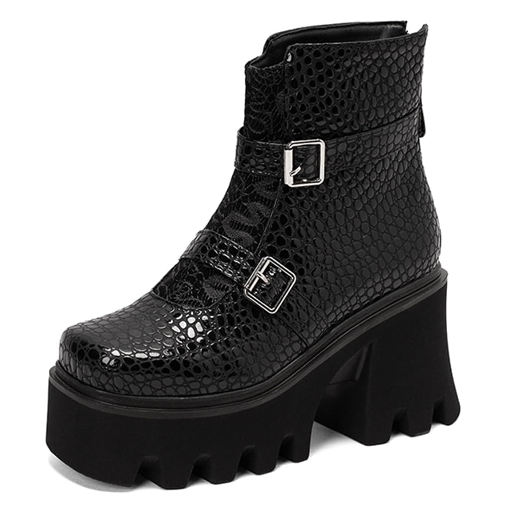 Womens Chunky Platform High Heel Ankle Boots Square Toe Buckle Back Zipper Whiter Dressy Short Bootie