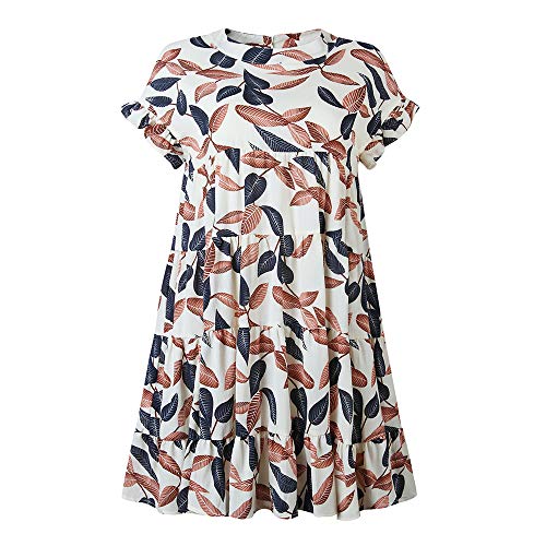 Joteisy Women’s O Neck Ruffle Short Sleeve Tiered Casual Mini Dress (XL, White Leaf)