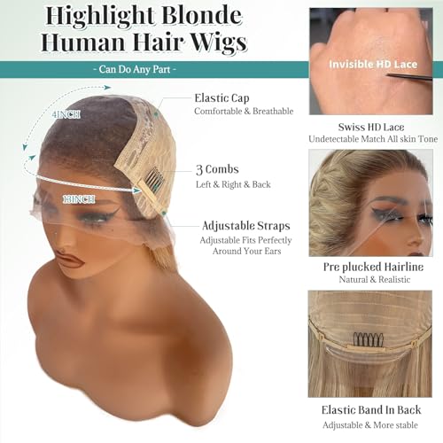 Image of Munx Highlight Blonde Lace Front Wigs for White Women, 180% Density 30in Balayage Ombre Blonde #613 with Brown Human Hair Wig 100% Unprocessed Real Hair 13X4 Glueless Wigs Pre Plucked with Baby Hair