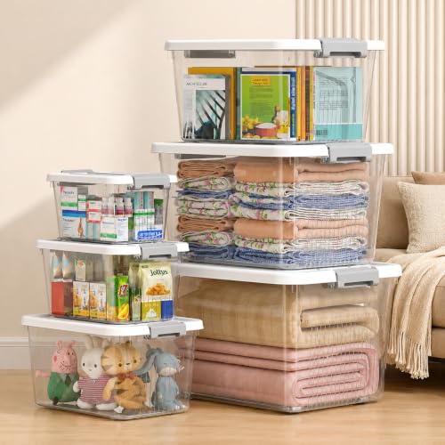 Image of KREPS Plastic Storage Bins With Latching Lids Stackable Containers, Large Storage Box For Bedroom, Basement, Classroom, Camping, Office (TRANSPARENT, COMBO SET, PACK OF - 1)
