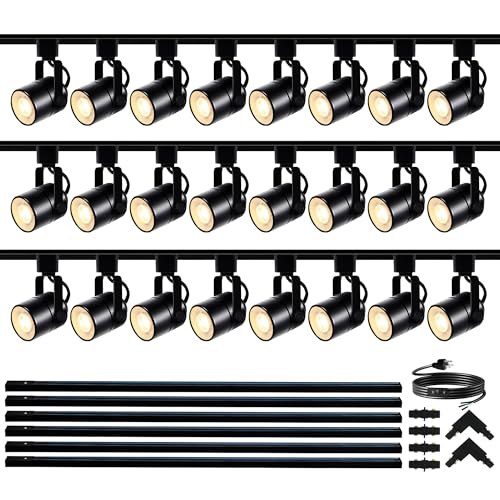 Image of GU10 LED Black Track Lighting Complete Kit, 6000K Cool White, 24 Packs GU10 Dimmable Ceiling Spotlight Fixture with 26.24ft H Type Track Rails, Replaceable 10W LED Bulbs for Home