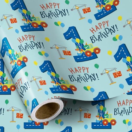 RUSPEPA 1st Birthday Boy Wrapping Paper - Mini Roll - Dinosaur Truck Happy Birthday Design for Boys Birthday Party and More - 17 inches x 16.4 feet - 1 Year Old
