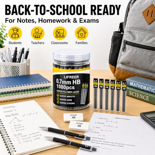 Image of 0.7 Lead Refills (1080 Pcs), Unbreakable 0.7 mm Lead Refills and 2 Premium Erasers, Long Lasting HB Pencil Lead 0.7 Refill,Mechanical Pencil Lead 0.7mm for Students & Professionals