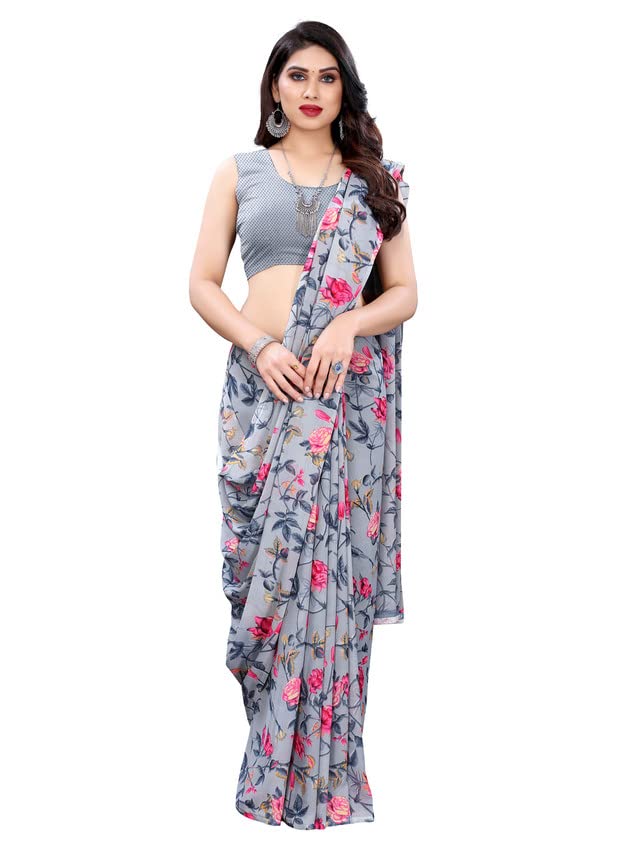 Image of Women's Floral Printed Georgette Saree with Unstitched Blouse Piece