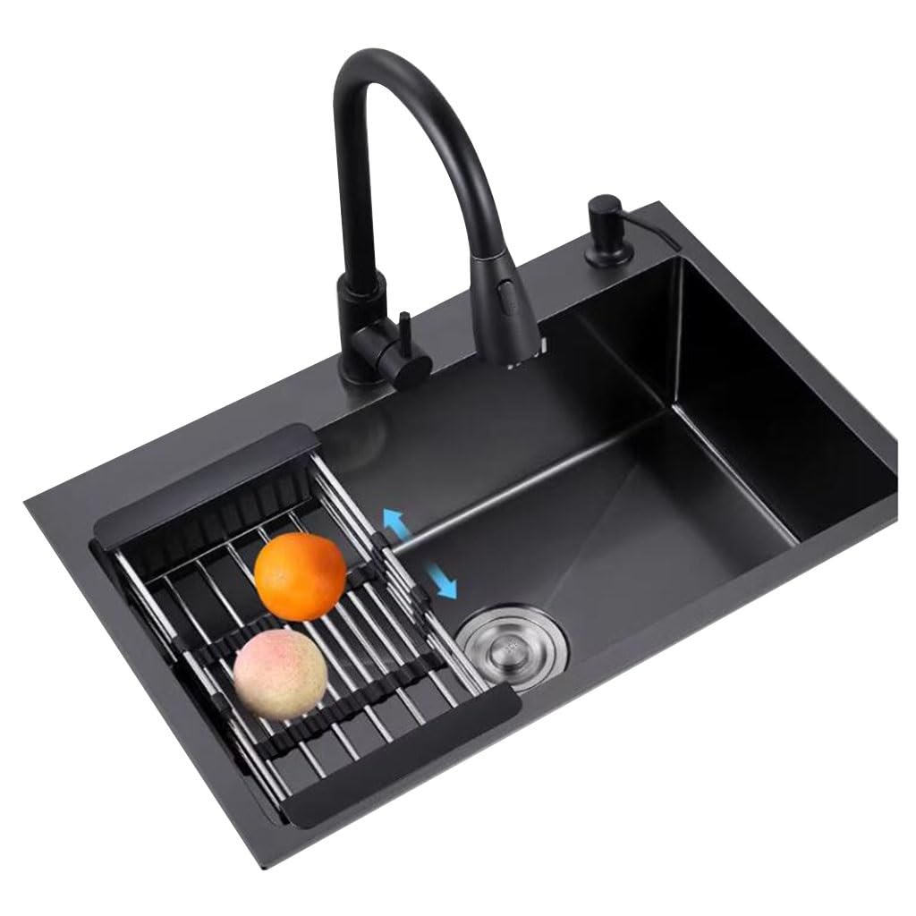Lavello da cucina a vasca singola in acciaio inox, lavello da cucina sottopiano e sopra il bancone, lavabo a sifone con rubinetto estraibile, in acciaio nero, 60 x 45 cm