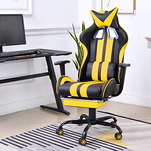 Soontrans Chaise de Bureau Ergonomique Chaise Gaming Hauteur Réglable Pivotant Fauteuil Coussin Disponible avec Appui-tête (Jaune)