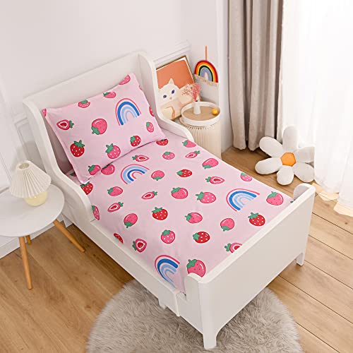 Kwlover 2Pc Soft Bed Fitted Sheet And Pillowcases Set,Pink Strawberry And Rainbow Printed Sheets For Kids Twin Size Bed #TOP4