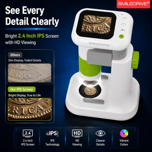 Image of SMILEDRIVE Digital Mini Microscope for Kids with 1000X Magnification | 2.4 Inch IPS Screen | USB PC Connectivity | 8 Led lights & 1 backlight | HD Photo & Video Recording | Handheld & Rechargeable
