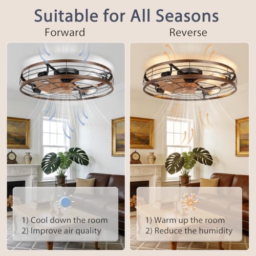 Image of VOLISUN 27.6'' Caged Ceiling Fan with Light and Remote,Rustic Low Profile Ceiling Fan with Light Flush Mount, Farmhouse Bladeless Fandelier Ceiling Fans with Lights for Kitchen,Bedroom-Gold