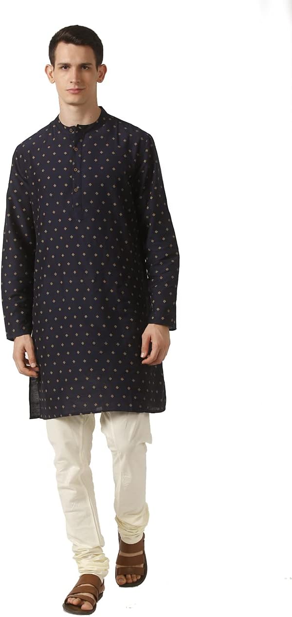 In-Sattva Men's Mandarin Collar Micro Dobby Fine Print Mid-Length Kurta Tunic; XL; Navy Blue