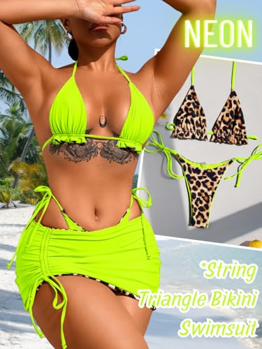 Image of ShawGobow Womens 3 Piece Leopard Bikini Set,Triangle String High Cut Thong Sexy Swimsuit & Coverup Skirt,Pool Party Outfit