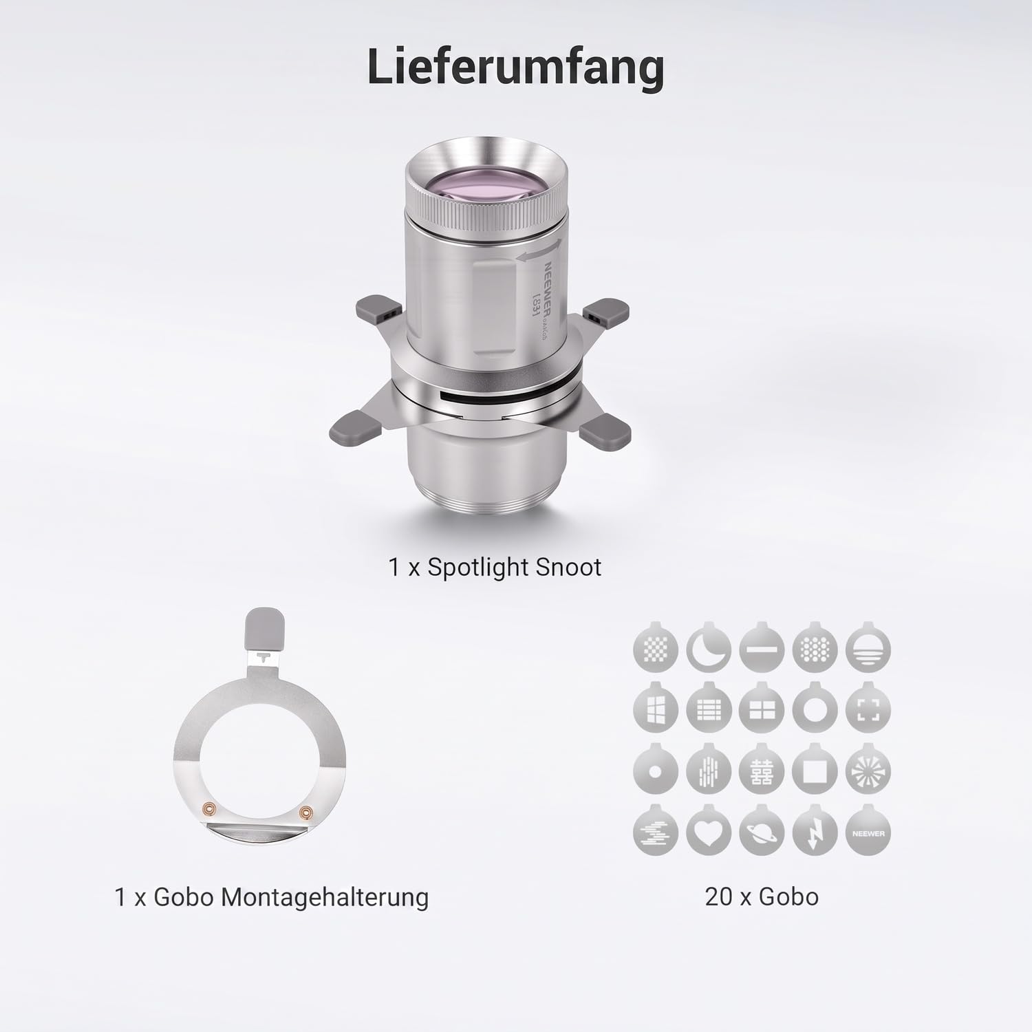 NEEWER Basics Spotlight konischer optischer Snoot, nur für FL10/FL20/FL10P Fotografie Taschenlampe, 4 Fach hellerer Projektoraufsatz mit einstellbarem Fokus, 30° Abstrahlwinkel, 20 Metall Gobos, LS01