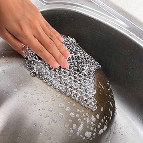 ZHOUSTOU Chainmail Scrubber Cast Iron Cleaner Stainless Steel Chain Mail Scourer with 2pcs Plastic Pan Grill Scrapers for Skillets Griddles Pans Grills & Dutch Ovens(17.8 x 17.8 cm)