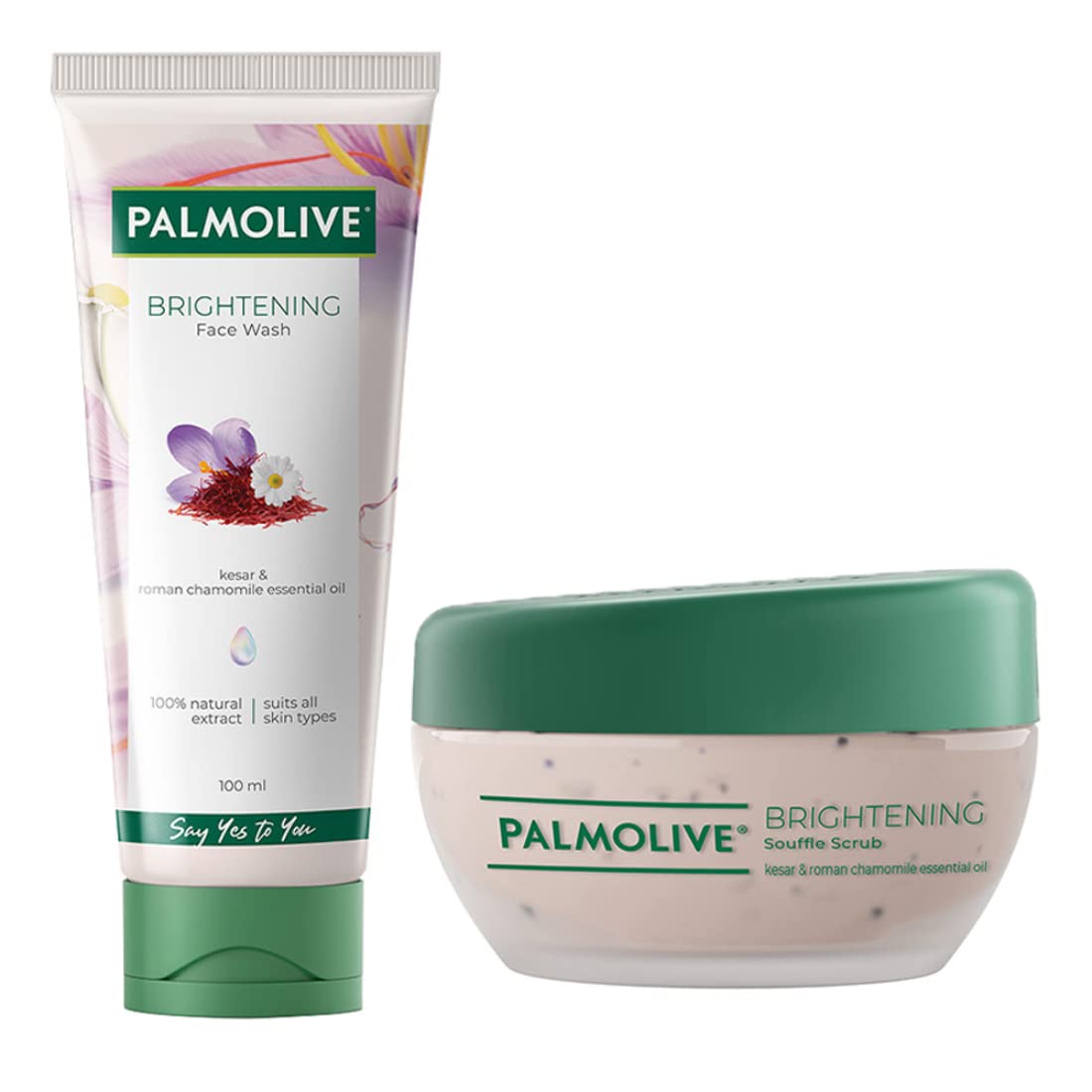 Palmolive Brightening Face Care Combo - Gel Face Wash and Souffle Face Scrub, with Kesar and Roman Chamomile Essential Oil, Suits All Skin Types, Combo Pack (100ml + 100ml)