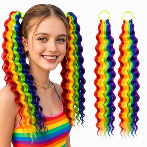 Rainbow Ponytail Extension for Women Crazy Hair Day Accessories Tie-in Curly Wavy Ponytail with Elastic Band for Wacky Hair Day Carnival 18 Inch 2 Packs