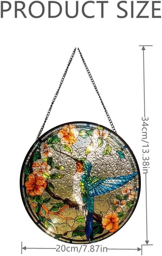 Hummingbird Stained Glass Window Suncatchers, Round with Floral Glass Window Hanging Wall Art for Indoor Kitchen Decorations, Gifts for Women Grandma Teacher Nature Lovers