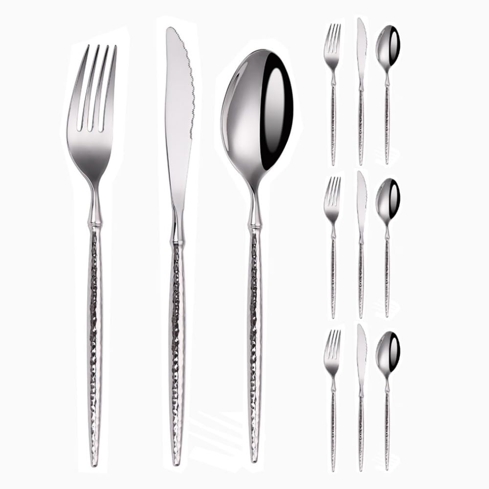 Juego de Cubiertos, Juego de Cubiertos de Acero Inoxidable, Transparente, Juego de Cuchara, Cuchillo y Tenedor, Mango sólido Martillado/Brillante, vajilla de Cocina de AC