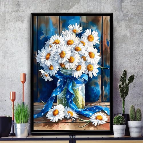 Image of MjhRcll Daisy Stamped Cross Stitch Kits, Flowers Cross Stitch Ornament Kits for Adults Beginners, Counted Embroidery Needlepoint Kits Home Decor 12x16 Inch