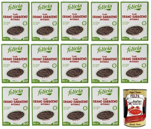 Felicia Fusilli di Grano Saraceno Integrale - Lote de 14 pastas, con trigo sarraceno 100% orgánico, natural, sin gluten, paquete de 340 g, + Italian Gourmet Polpa di Pomodoro caja de 400 g
