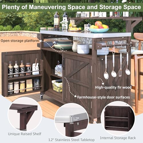 Image of Merax Grill Cart with Stainless Steel Tabletop - 53.3 inch Outdoor Storage Cabinet with Raised Shelf, Bar Patio Kitchen Island with Ample Storage and Lockable Wheels,Brown