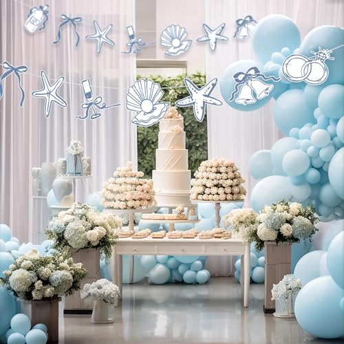 Image of Oudain 2 Pack Seashells and Wedding Bells Garland 6.56 ft Blue Bow Starfish Ring Coastal Beach Bachelorette Paper Hanging Banner Last Toast on the Coast for Bridal Shower Bachelorette Weekend Decor