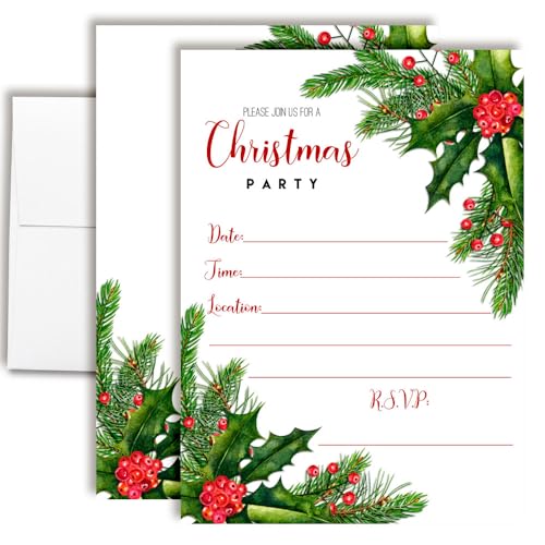 Cartes d'invitation a remplir houx et pin avec enveloppes blanches pour repas de fete amanda