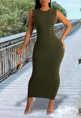 Image of YouSexy Sexy Bodycon Ribbed Tank Dress for Women Sleeveless Casual Party Club Midi Dresses