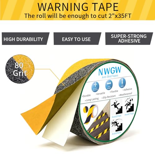 Image of Black & Yellow Anti-Slip Stair Treads Tape, 2 inch x35FT Heavy Duty Non-Skid Grip Tape for Indoor /Outdoor Steps, Bathroom & Pool - PVC Waterproof Safety Traction Tape