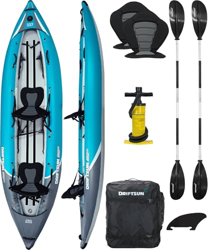 Driftsun Rover Inflatable Kayak - White Water Kayaks for 1 and 2 Person, High Pressure Dropstitch Floor Kayak for Adults with Padded Seats, Action Cam Mount, Aluminum Paddles and Quick Inflate Pump