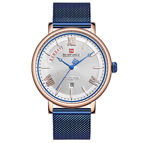 NAVIFORCE Original Men's Quartz Stainless Steel Band Week Calendar Wrist Watch 3006 (Blue)