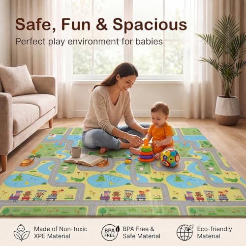 Image of StarAndDaisy Foldable Baby Play Mat 5 x 6.5 ft, 6MM Thick XPE Foam Playmat, Reversible 2-in-1 Design, Lightweight Cushioned Floor Mat for Crawling, Playing & Learning