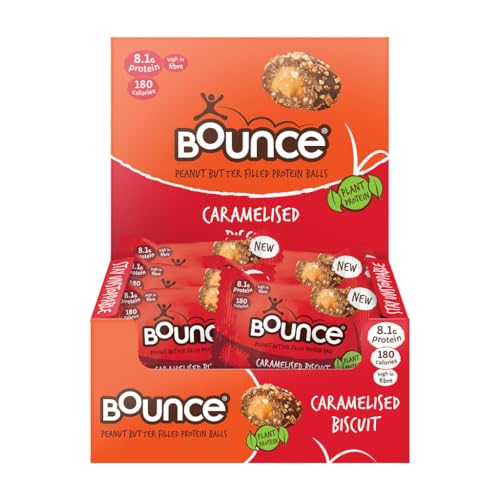 Bounce Caramelised Biscuit Vegan Protein Balls - Peanut Butter Filled Protein Snack Low Calorie & Gluten Free - 12 Pack
