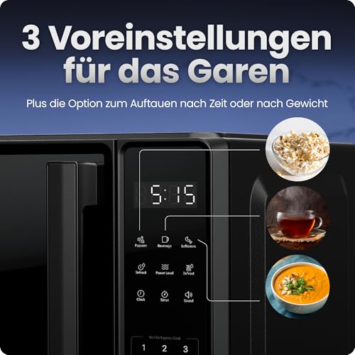 Chefman Tisch-Mikrowelle 20 l, 10 Leistungsstufen und 3 Kochprogramme mit One-Touch-Express-Kochfunktion und Stummschalttaste – Schwarz